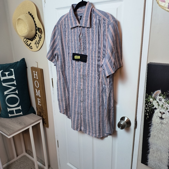 Mens Hart Shaffner Marx XL Blue Pin Striped Salmon White Thick Stripe shirt - Picture 2 of 9